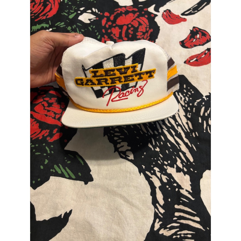 Vintage Levi Garrett Racing Trucker Hat White Mesh Snapback Cap Racing Stripes